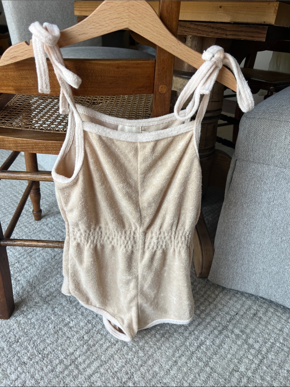 Kids Cream One-Piece Bodysuit with Tie Shoulder Straps